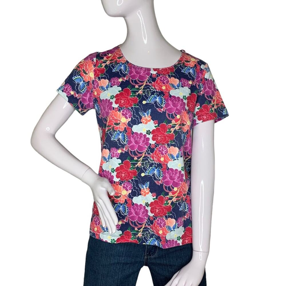 Rebecca Malone Floral Blouse Size Medium Colorful Short Sleeve Round Neckline
